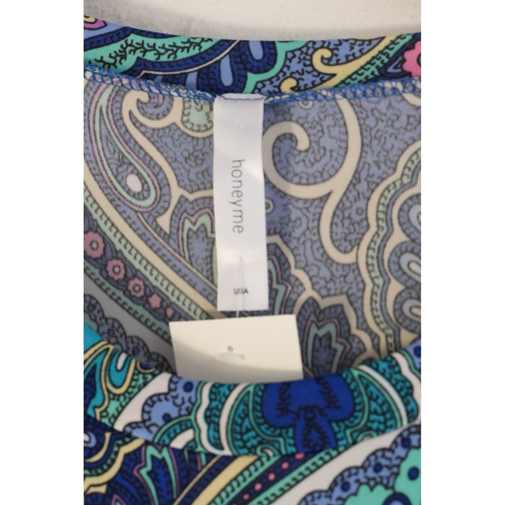 Honeyme Blue Paisley Empire Waist 3/4 Size Medium Mini Dress - Picture 5 of 6